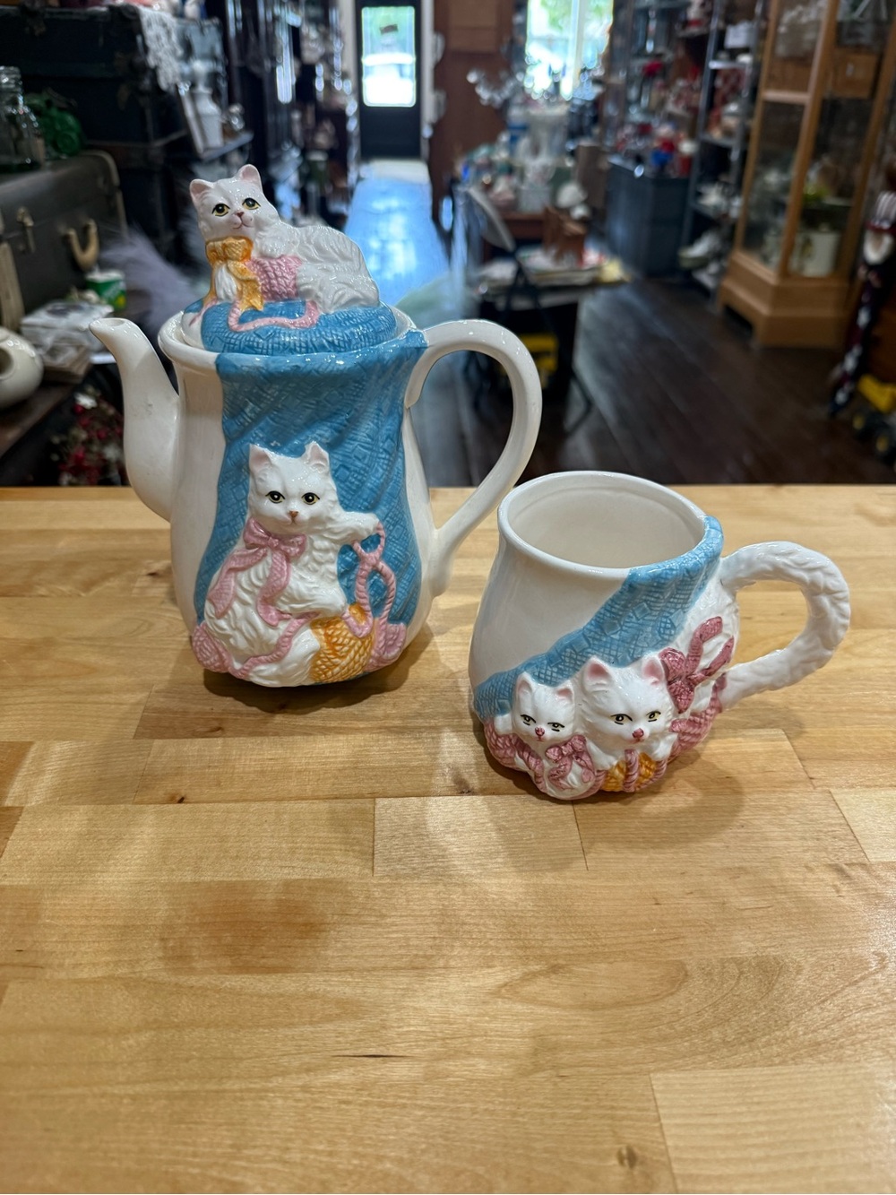 Ceramic White Teapot and Mug Set with Pastel Kitten Accents